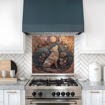 Copper Embossed Look Wolf Glass Backsplash • Wild Nature Kitchen Panel • Artistic Textured Style • Animal Decorative Panel