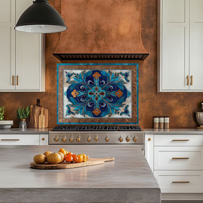 Blue Traditional Glass Backsplash Panel for Kitchen, Tempered Glass Wall Art, Classic Tile Pattern Decor