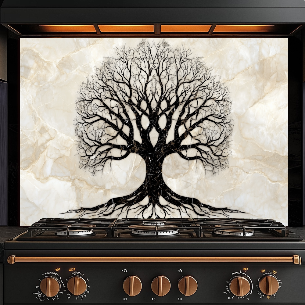 Marble Tree of Life Design Printed Tempered Glass Kitchen Backsplash Splashback Decorative Wall Art Panel for Modern Home Interiors