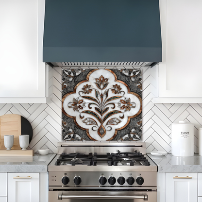 Ottoman Pattern on Marble Print Background Glass Backsplash for Kitchen Stove, Custom Wall Art, Heat-Resistant Kitchen Decor