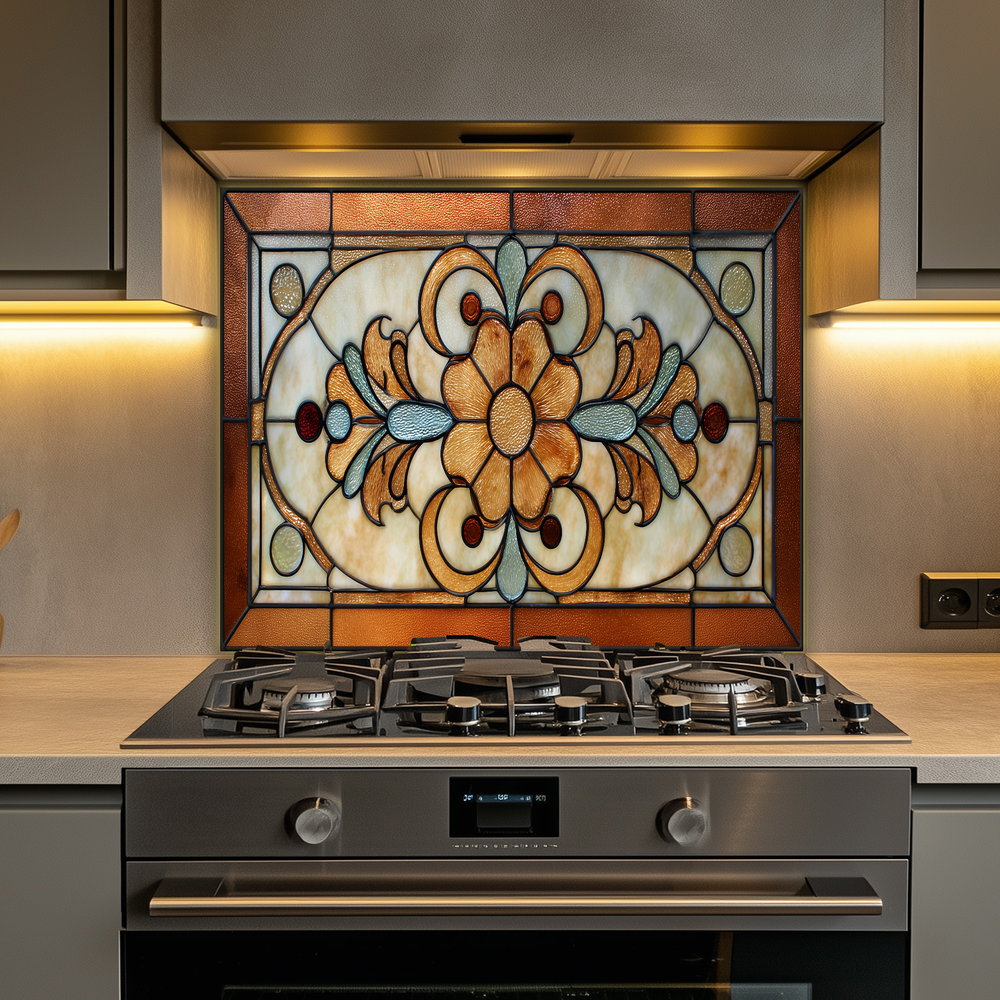 Floral Stained Look Glass Style Backsplash Panel, Tempered Glass Wall Art, Timeless Color Design, Elegant Kitchen Decor, Stove Protector