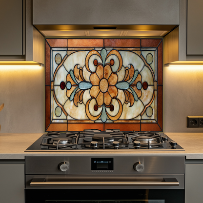 Floral Stained Look Glass Style Backsplash Panel, Tempered Glass Wall Art, Timeless Color Design, Elegant Kitchen Decor, Stove Protector