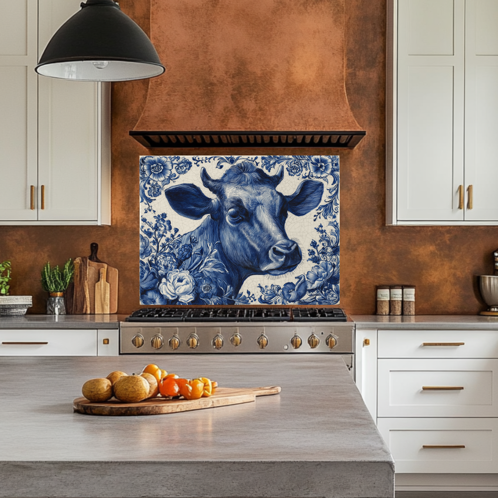Delft Blue Cow Glass Backsplash Panel, Tempered Glass Wall Art, Dutch Farmhouse Kitchen Decor, Cow Pattern Tile, Rustic Animal Wall Panel