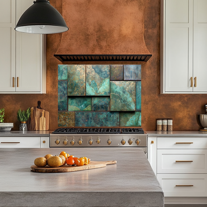 Rustic Copper Tile Glass Backsplash, Antique Style Kitchen Wall Panel, Vintage Farmhouse Glass Tile, Warm Metallic Home Decor