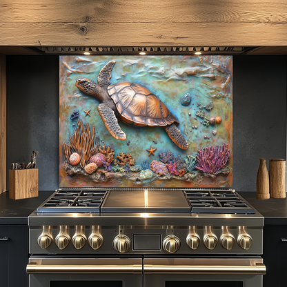 Copper Embossed Look Sea Turtle Glass Backsplash • Coastal Kitchen Panel • Artistic Ocean Texture • Nautical Decorative Panel