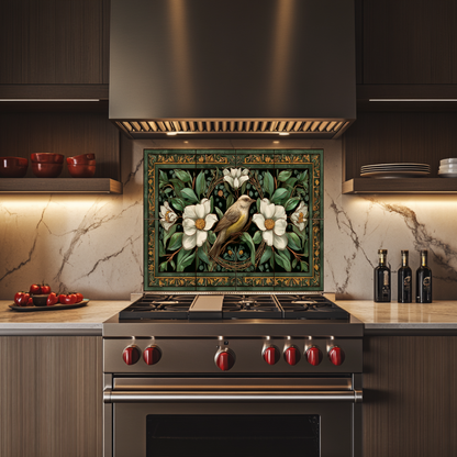 Bird and Floral Glass Backsplash Tile, Decorative Kitchen Wall Art, Custom Glass Panel, Made in USA