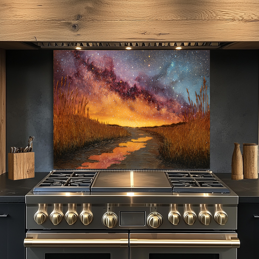 Starry Sky Nature Glass Backsplash • Night Landscape Kitchen Panel • Cosmic Forest Wall Art • Scenic Galaxy Design