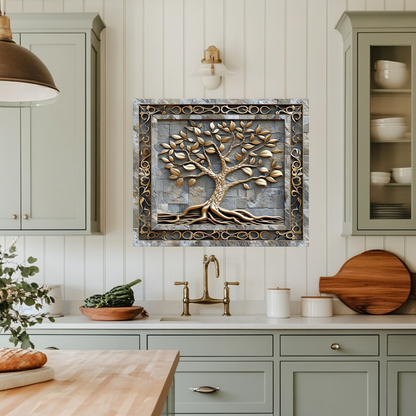 Carved Look Tree of Life Print One Piece Tempered Glass Kitchen Splashback For Stove Behind, Kitchen Backsplash, Wall Art
