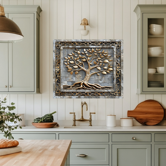 Carved Look Tree of Life Print One Piece Tempered Glass Kitchen Splashback For Stove Behind, Kitchen Backsplash, Wall Art