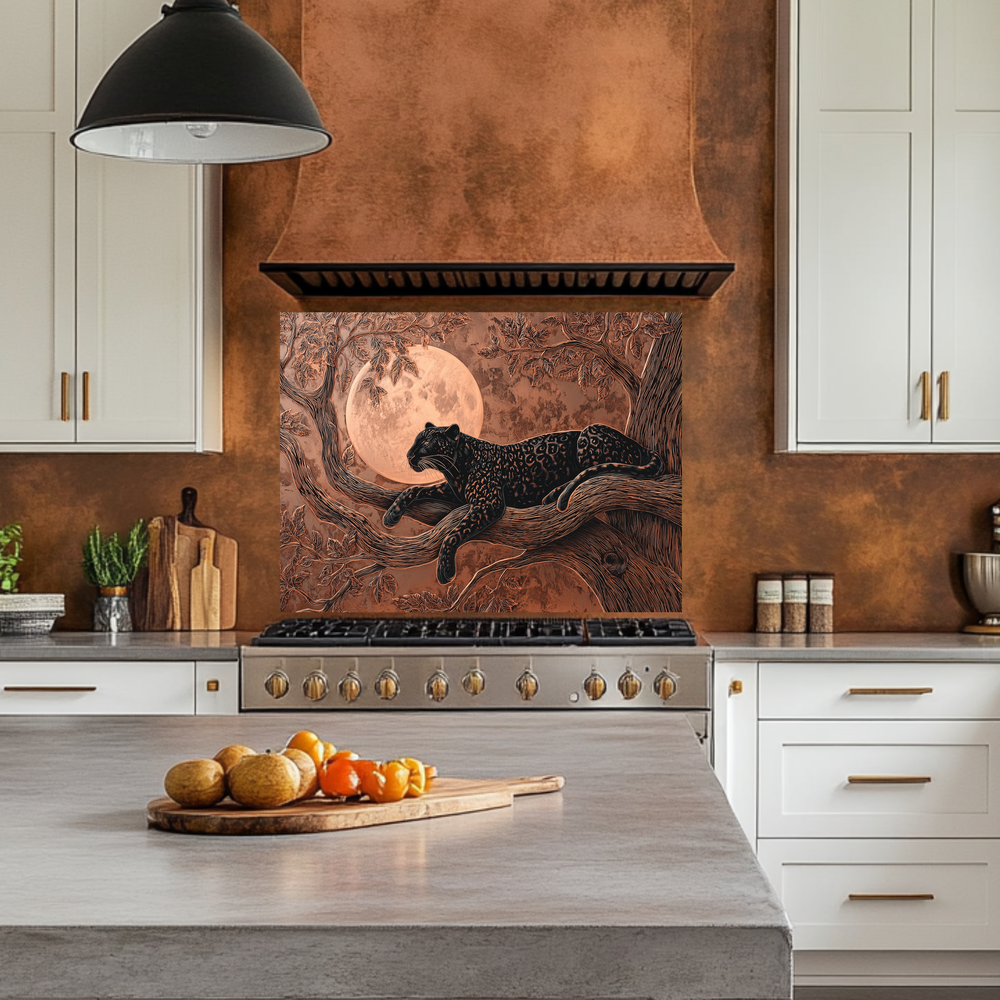 Copper Leopard Nature Glass Backsplash Panel, Tempered Glass Wall Art, Wild Jungle Rustic Kitchen Decor, Animal Print Stove Protector