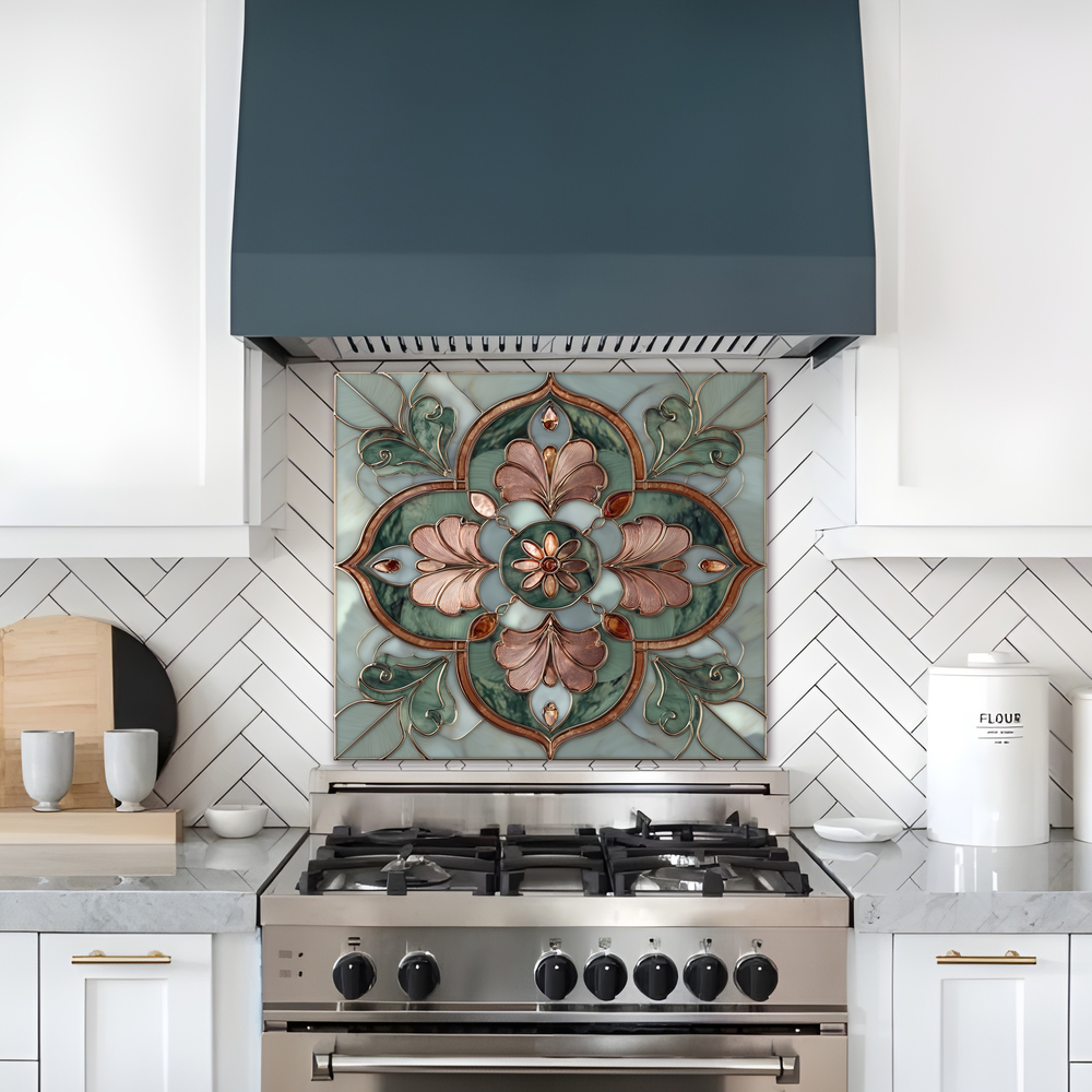 Green Glass Backsplash, Ottoman Tile Look Tempered Glass Kitchen Splashback For Stove Behind, Copper Look Backsplash, Oven Backsplashes