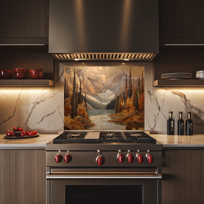Handmade in USA Pine Tree and Mountain Glass Backsplash, Tempered Glass Splashback and Stove Behind Top Cover, Kitchen Sink Cover