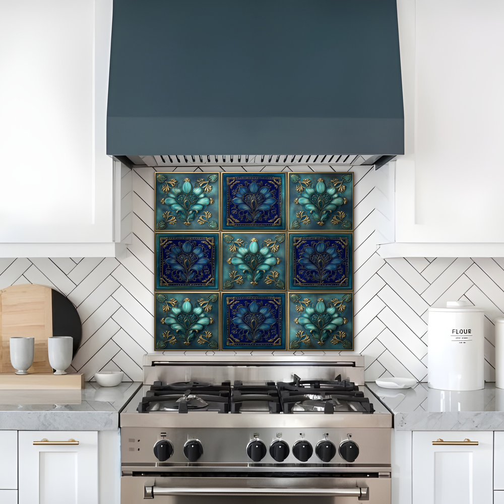 Glass Backsplash, Pattern Tile Look One Piece Tempered Glass Kitchen Splashback For Stove Behind, Blue Tile Backsplash, Kitchen Backsplash