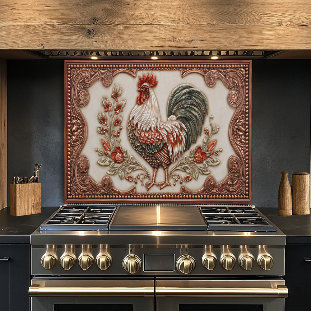 Copper Embossed Mediterranean Rooster Glass Backsplash • Rustic Kitchen Panel • Artistic Farmhouse Tile Design • Traditional Wall Piece