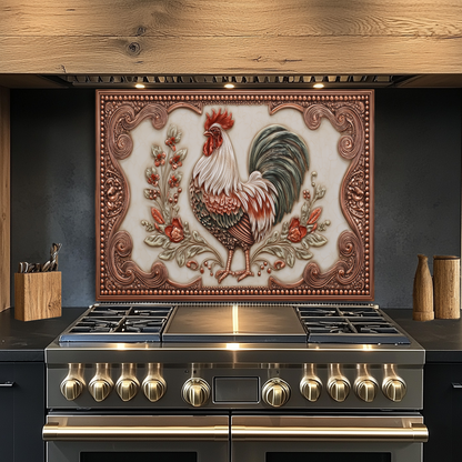 Copper Embossed Mediterranean Rooster Glass Backsplash • Rustic Kitchen Panel • Artistic Farmhouse Tile Design • Traditional Wall Piece