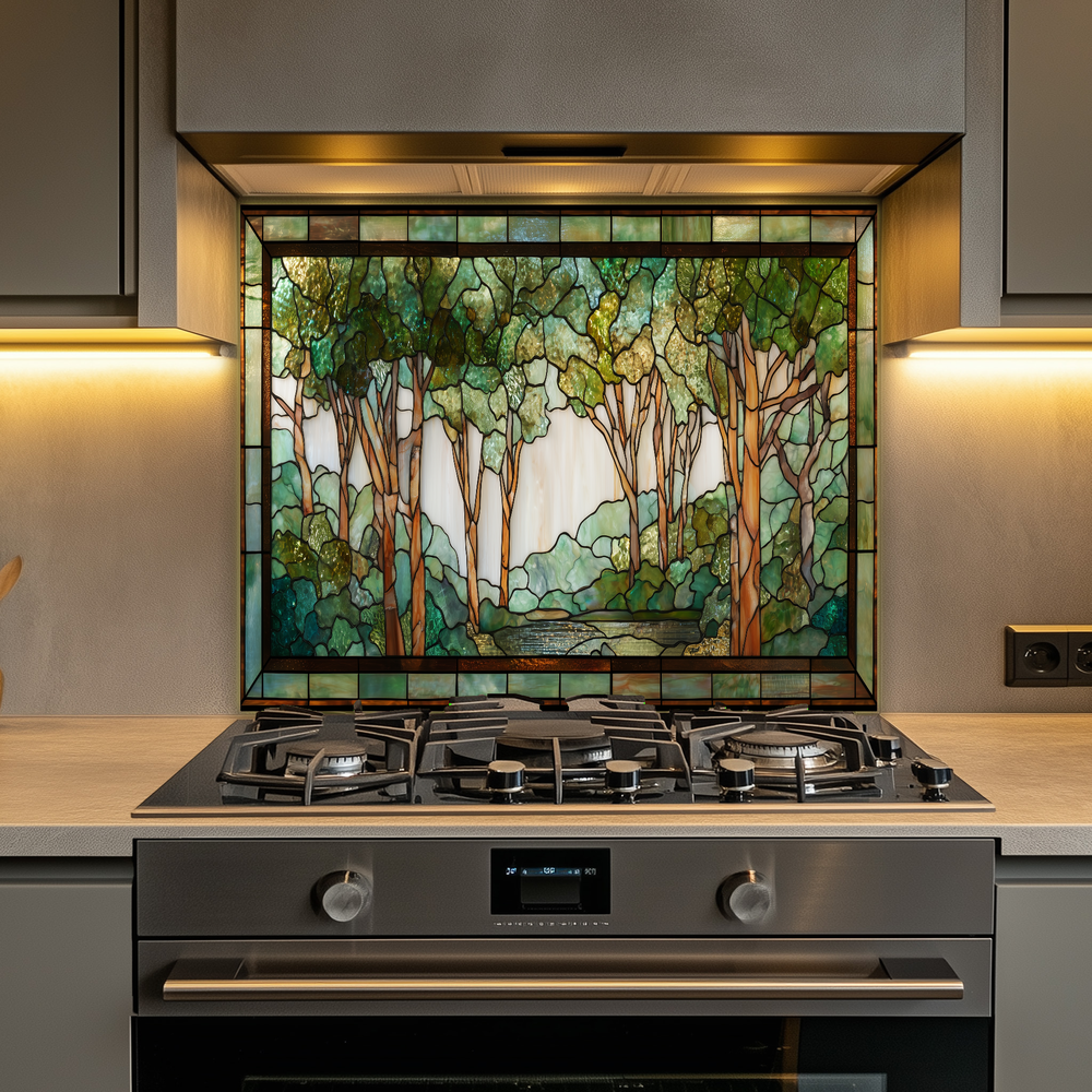 Stained Glass Look Forest Backsplash, Woodland Tree Scene Printed on Tempered Glass, Nature Inspired Kitchen Wall Art Panel