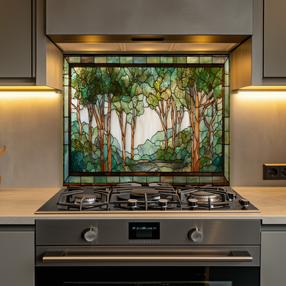 Stained Glass Look Forest Backsplash, Woodland Tree Scene Printed on Tempered Glass, Nature Inspired Kitchen Wall Art Panel