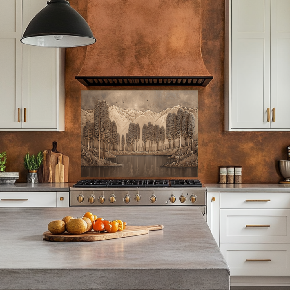 Copper Look Nature Landscape Glass Backsplash • Rustic Wall Art Panel • Mountain River Home Decor • Earthy Decorative Piece