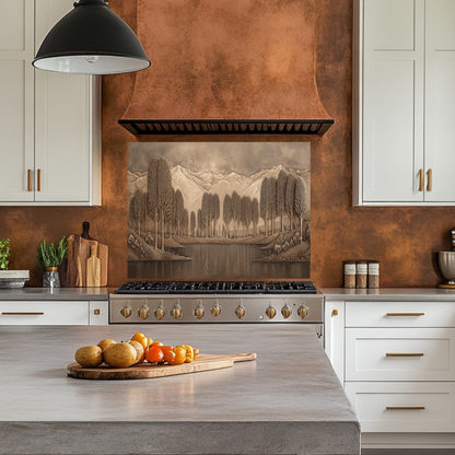 Copper Look Nature Landscape Glass Backsplash • Rustic Wall Art Panel • Mountain River Home Decor • Earthy Decorative Piece