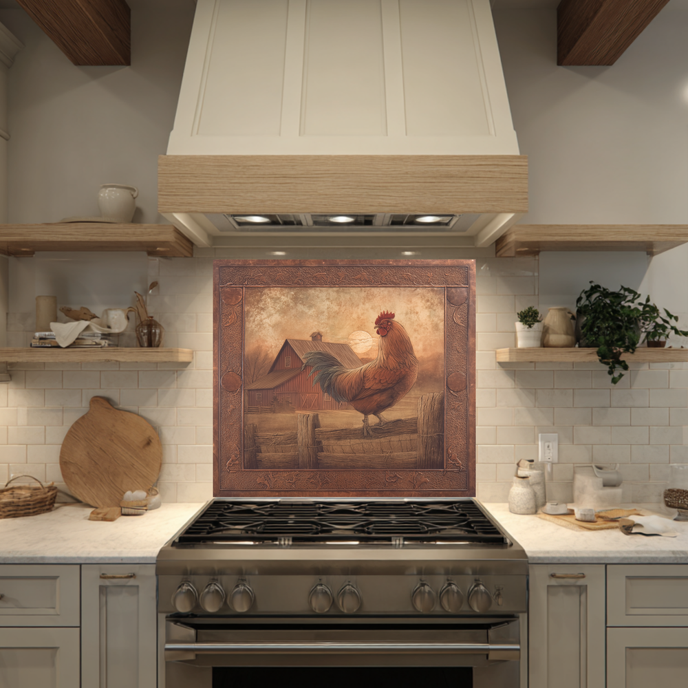 Copper Embossed Look Mediterranean Rooster Glass Backsplash • Rustic Kitchen Panel • Artistic Farmhouse Tile Design • Traditional Wall Piece