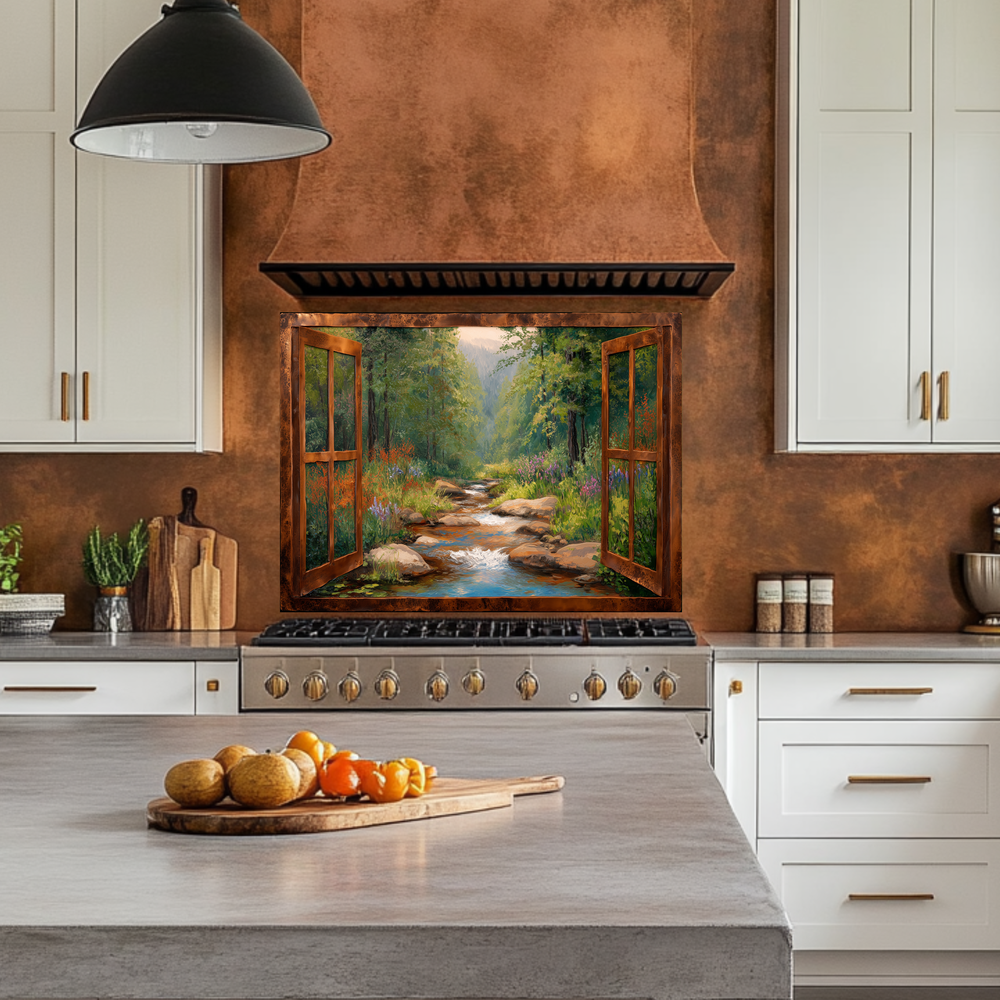 Nature View Glass Backsplash Panel, Scenic Landscape Tempered Glass Wall Art, Serene Kitchen Decor, Window Style Nature Scene, Home Accent