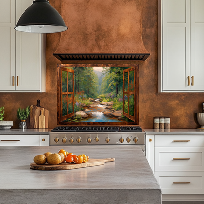 Nature View Glass Backsplash Panel, Scenic Landscape Tempered Glass Wall Art, Serene Kitchen Decor, Window Style Nature Scene, Home Accent