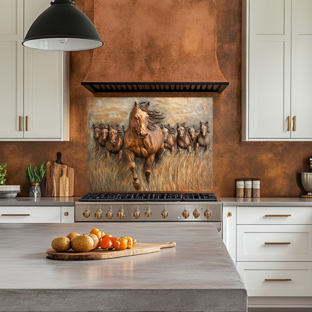 Glass Backsplash with Copper Horses, Tempered Wall Art Panel, Horse Kitchen Decor, Rustic Animal Tile
