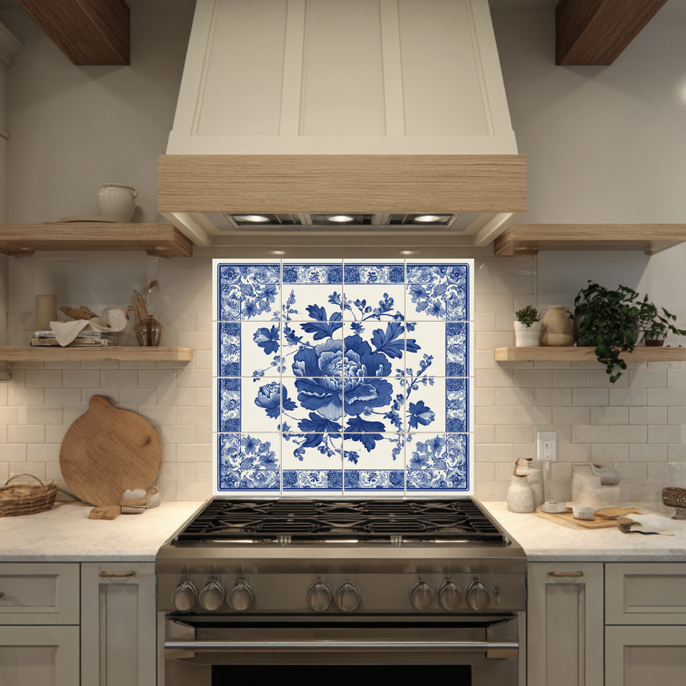 Floral Delft Blue Glass Backsplash, Blue White Dutch Style Wall Art, Custom Printed Glass Panel, Made in USA