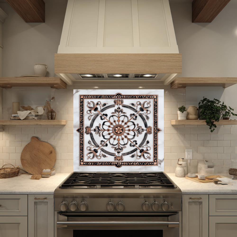 Made in USA Glass Backsplash, Pattern Tile Look One Piece Tempered Glass Kitchen Splashback For Stove Behind, Marble Look Backsplash