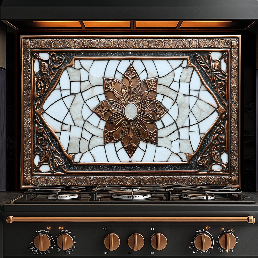 Copper Ottoman Tile Pattern Printed Tempered Glass Kitchen Splashback Backsplash Decorative Wall Panel for Stove Behind and Interior Decor