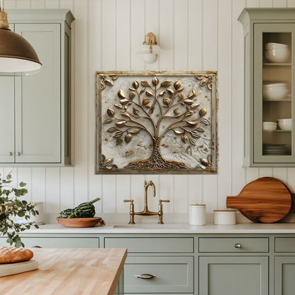 Stone Background Look Golden Tree of Life One Piece Tempered Glass Kitchen Splashback For Stove Behind, Kitchen Backsplash, Kitchen Backsplash, Wall Art