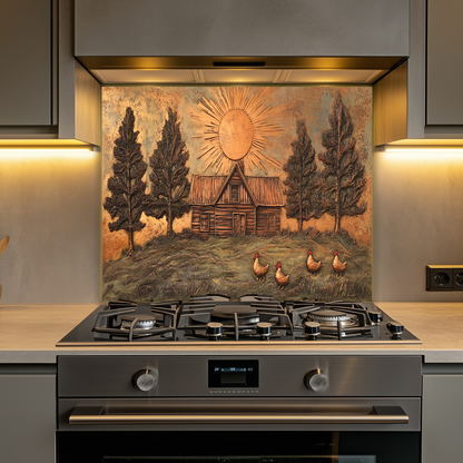 Copper Look Nature and Roosters Landscape Glass Backsplash • Rustic Wall Art Panel • Peaceful Home Decor • Decorative Tile for Stove Behind