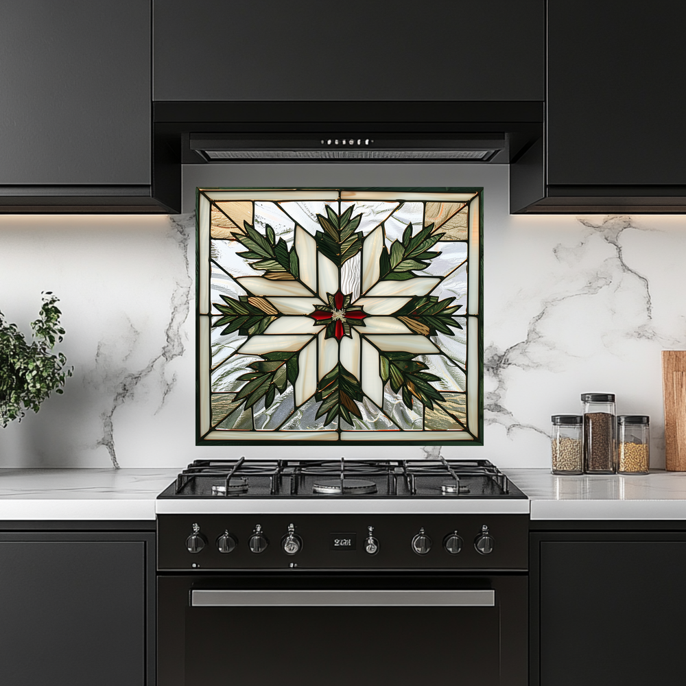 Stained Glass Leaves Kitchen Backsplash • Nature Inspired Glass Panel with Leaf Motifs • Heat-Resistant Glass for Stove Behind