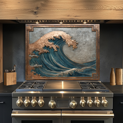 Copper Look Ocean Wave Glass Backsplash • Coastal Wall Art Panel • Artistic Blue Water Kitchen Decor • Textured Inspired Ocean Tile