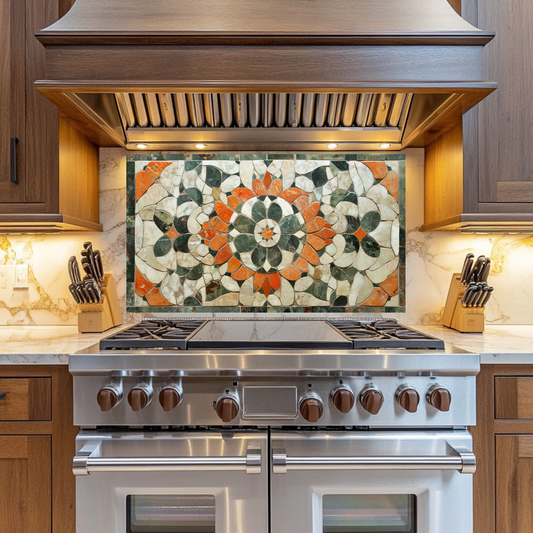 American Made Floral Mosaic Look Glass Backsplash Behind Stove – Rustic Farmhouse Kitchen Backsplash Tile, Flower Leaf Splashback