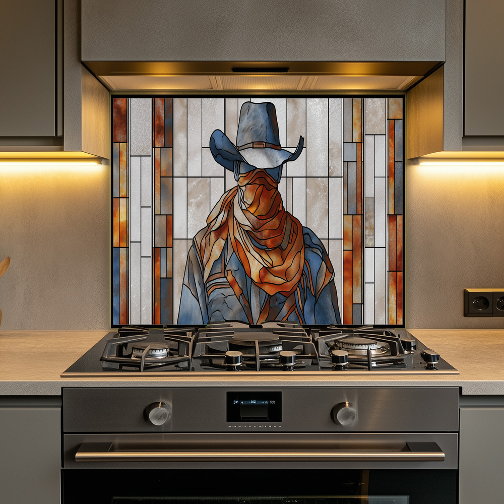 Stained Glass Style Western Cowboy Glass Backsplash Panel, UV Printed Tempered Kitchen Wall Art, Rustic Western Home Decor