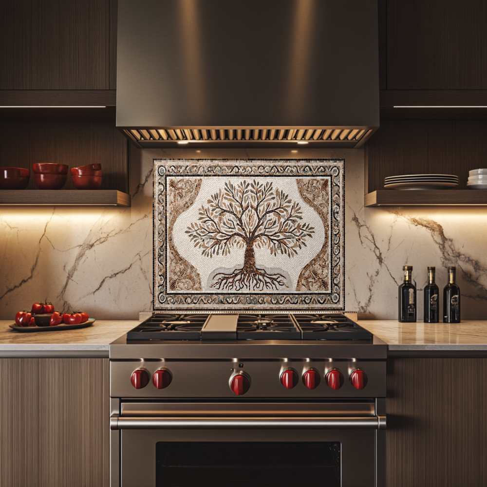 Made in USA Mosaic Tree Glass Backsplash Splashback – Artistic Glass Wall Panel for Kitchen & Bathroom, Handmade Style Tree Glass Art