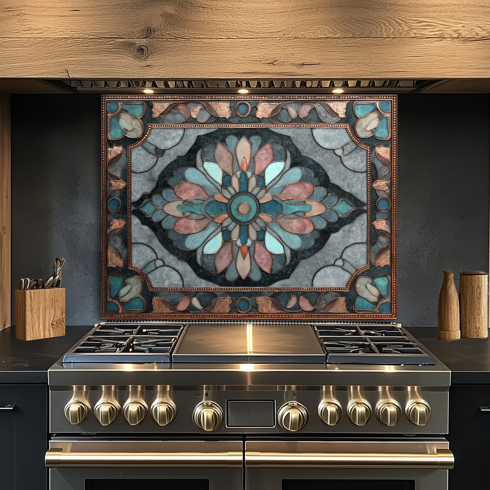 Ottoman Pattern on Marble Print Background Glass Backsplash for Kitchen Stove, Custom Wall Art, Heat-Resistant Kitchen Decor