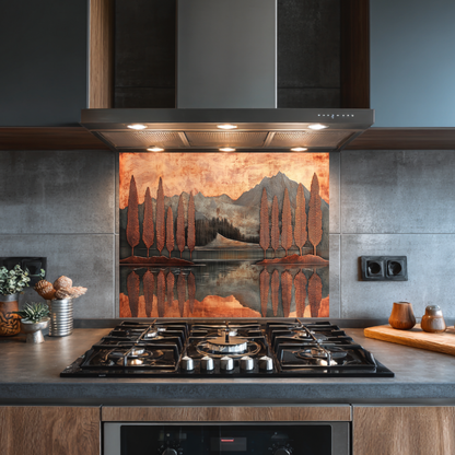 Copper Look Nature Landscape Glass Backsplash • Rustic Wall Art Panel • Mountain River Home Decor • Earthy Decorative Piece