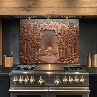 Copper Tone Sun Shine & Glass Tree Landscape Printed Tempered Glass Kitchen Backsplash Splashback or Wall Art Panel