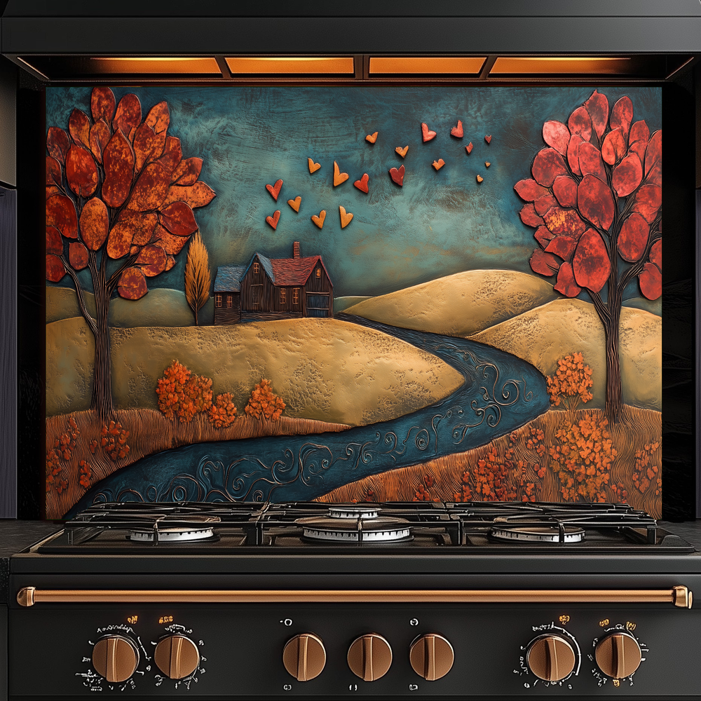 Romantic House Landscape with Hearts Printed Tempered Glass Kitchen Backsplash Splashback or Wall Art Panel for Cozy Home Decor