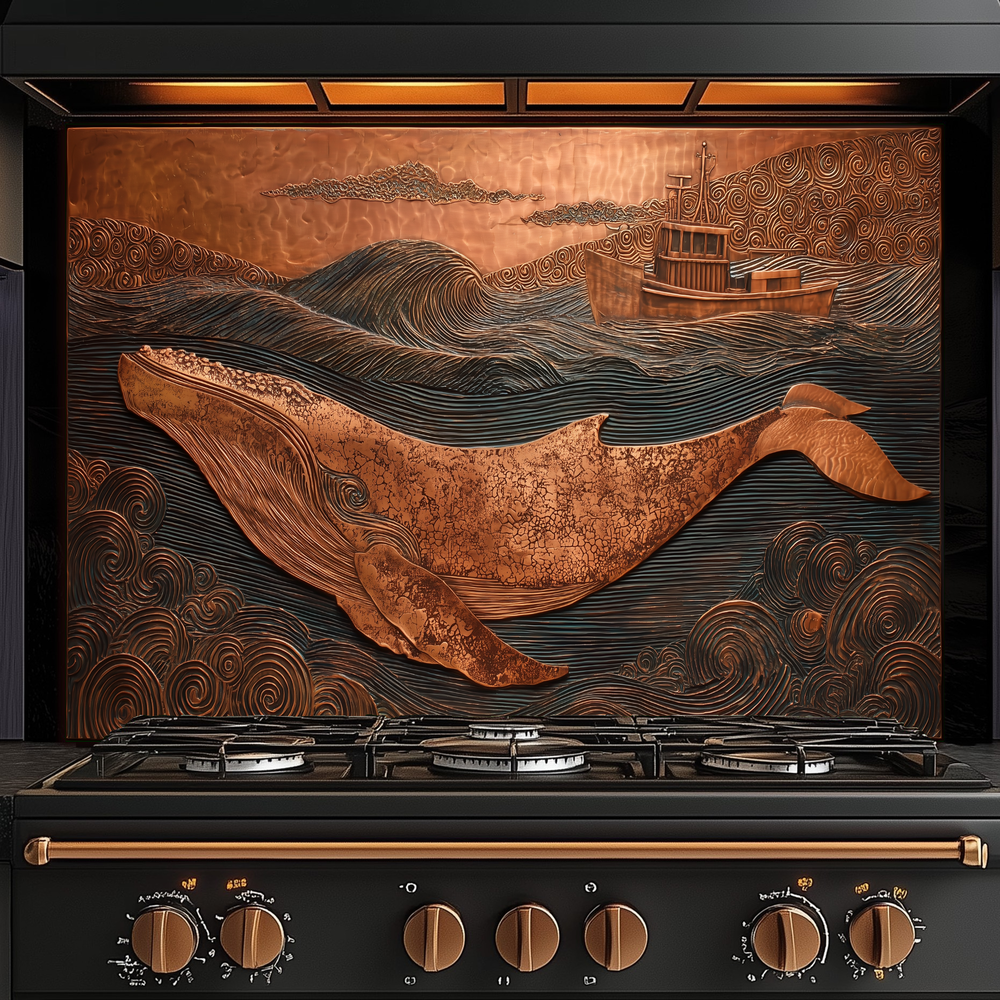 Copper Embossed Look Whale Under Northern Lights Printed Glass Backsplash | Ocean Art Tempered Glass Kitchen Wall Panel,Modern Coastal Decor