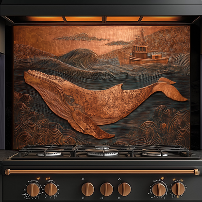 Copper Embossed Look Whale Under Northern Lights Printed Glass Backsplash | Ocean Art Tempered Glass Kitchen Wall Panel,Modern Coastal Decor
