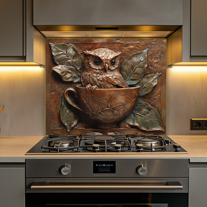 Rustic Owl Copper Look Glass Backsplash Panel, Embossed Style Owl Print on Tempered Glass Wall Art, Artistic Kitchen Splashback