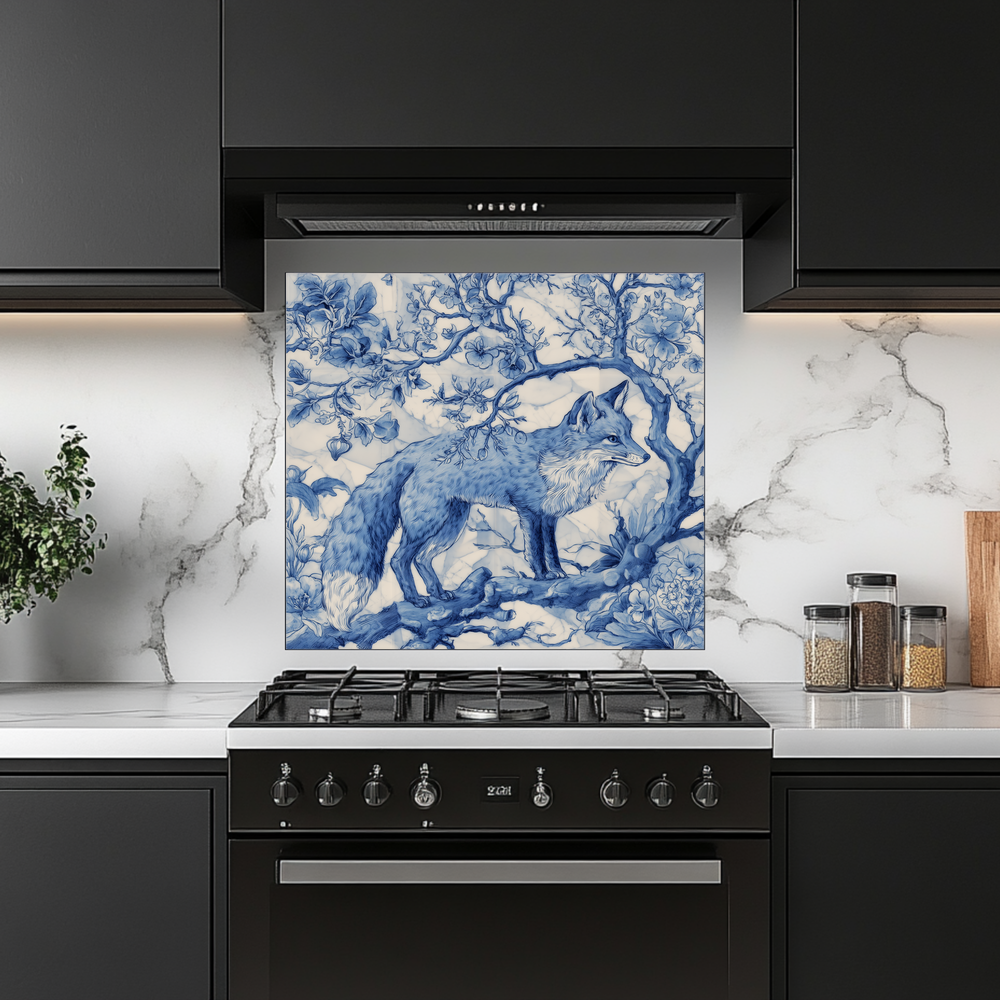 Delft Blue Fox Kitchen Glass Backsplash • Stove Behind Cover • Nature Inspired Kitchen Splashback Panel • Blue-White Home Decor