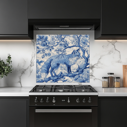 Delft Blue Fox Kitchen Glass Backsplash • Stove Behind Cover • Nature Inspired Kitchen Splashback Panel • Blue-White Home Decor