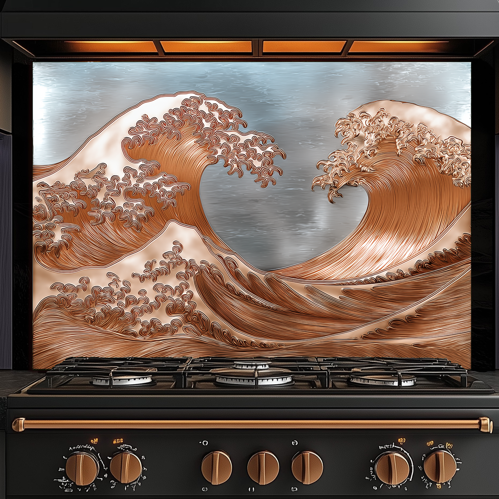 Copper Look Ocean Wave Glass Backsplash • Coastal Wall Art Panel • Artistic Blue Water Kitchen Decor • Textured Inspired Ocean Tile