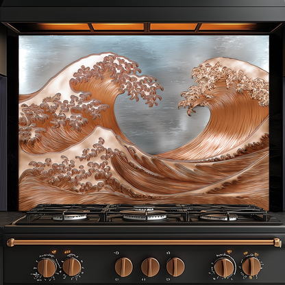 Copper Look Ocean Wave Glass Backsplash • Coastal Wall Art Panel • Artistic Blue Water Kitchen Decor • Textured Inspired Ocean Tile