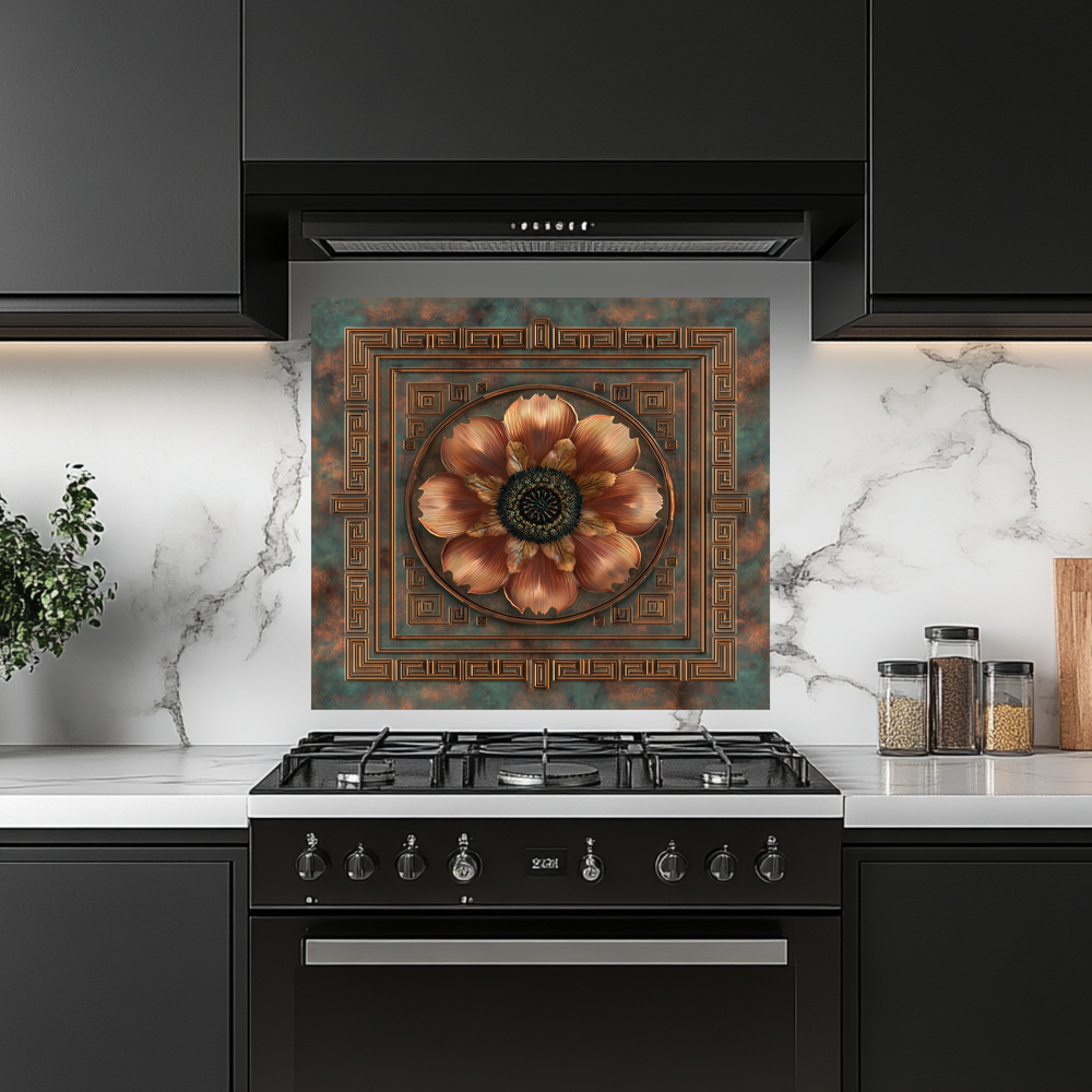 Floral Copper Look Kitchen Backsplash, Pattern Tile One Piece Tempered Glass Kitchen Splashback For Stove Behind