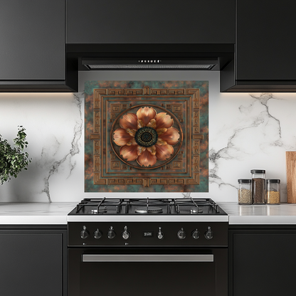 Floral Copper Look Kitchen Backsplash, Pattern Tile One Piece Tempered Glass Kitchen Splashback For Stove Behind